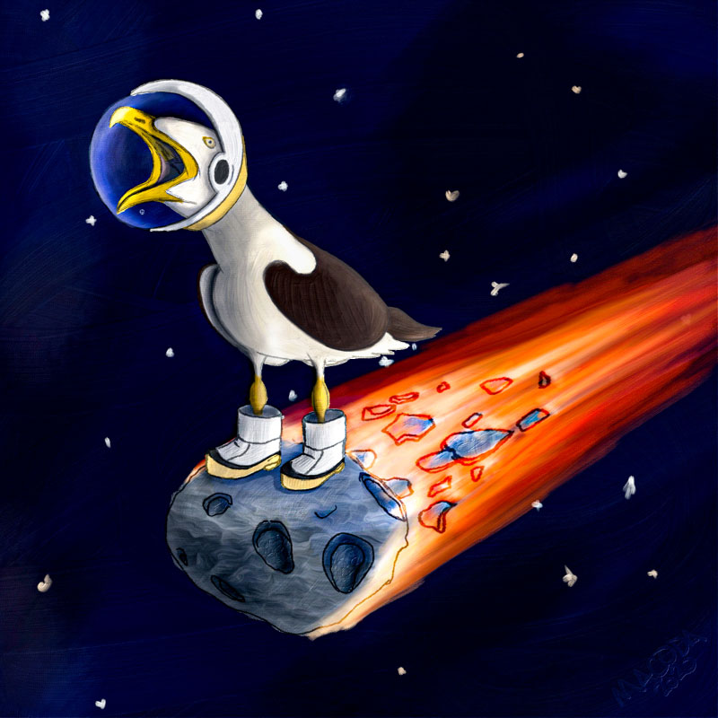 Illustrated bird astronaut artwork